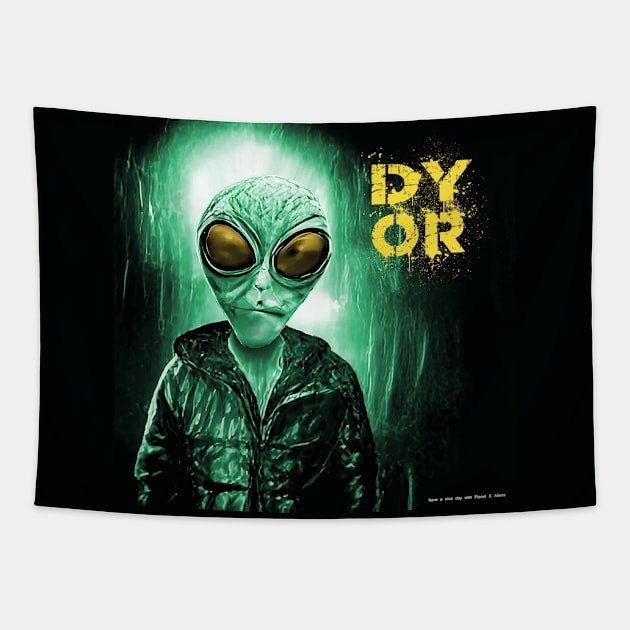 Funny Alien Gold Eye Retro Sci Fi DYOR Tapestry by PlanetMonkey