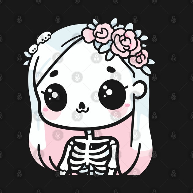 Cute Skeleton Girl with Flowers on Her Hair | Halloween Design in Kawaii Style by Nora Liak