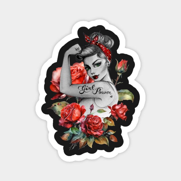 Red Roses and Ladybug Girl Power by Anne Cha Modern Rosie the Riveter Magnet by annechaart