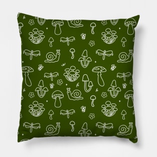 Mushrooms Pattern and Forest Creatures Moss Green Pillow