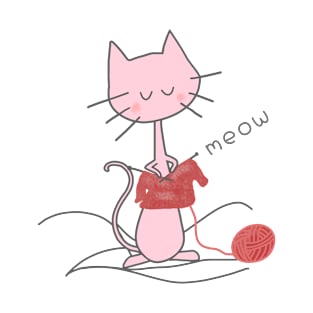 Pink Knitting Cat - White T-Shirt