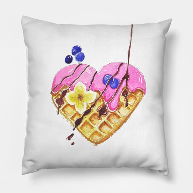 Waffle heart with icing and chocolate toping Pillow by Wolshebnaja