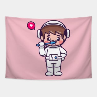 Cute Boy Astronaut Brush Teeth Cartoon Tapestry