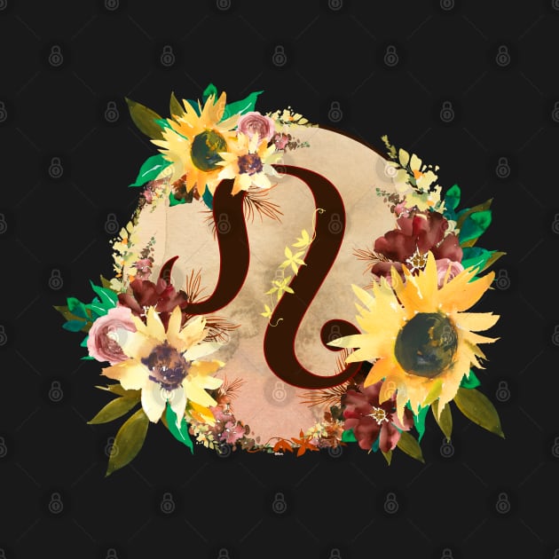 Leo Zodiac Horoscope Maroon and Sunflower Floral Monogram by bumblefuzzies