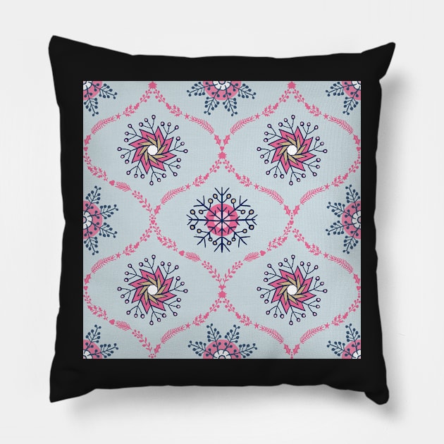 Snowflakes and branches ogee pattern in pink and light blue Pillow by colorofmagic