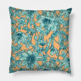 Yellow and Turquoise Passion Fruit Flowers Pillow