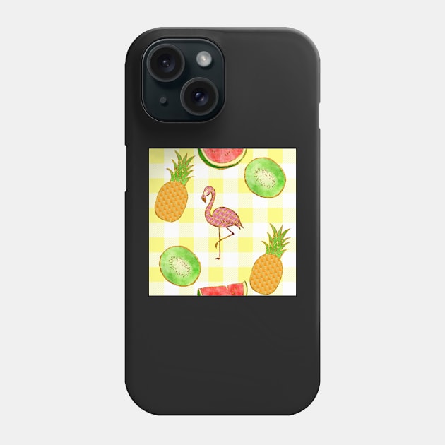 flamingo,  yellow, square, pineapple, banana, yellow, orange, juicy, fruit, glitter, gold, summer, pattern, funny, sunny Phone Case by ArtInPi