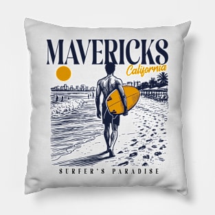 Vintage Surfing Mavericks Beach, California // Retro Surfer Sketch // Surfer's Paradise Pillow