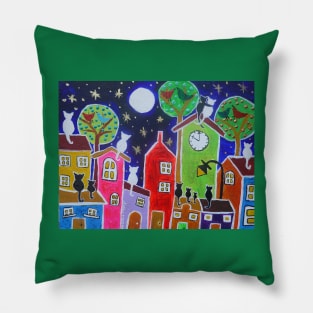 Cats Moon Gazing on Quirky Colourful Houses Pillow