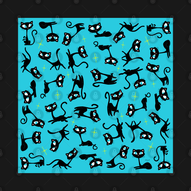 Retro Sassy Tiki Cats with Sparkles (cool blue version) by ErinKantBarnard