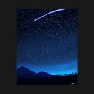 Shooting Star Night Time Scenery - Calming Anime Nature Scene T-Shirt