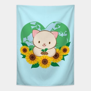 Love Our Planet Cute White Cat and Sunflowers Kawaii Earth Day Tapestry