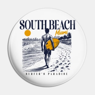 Vintage Surfing South Beach Miami, Florida // Retro Surfer Sketch // Surfer's Paradise Pin