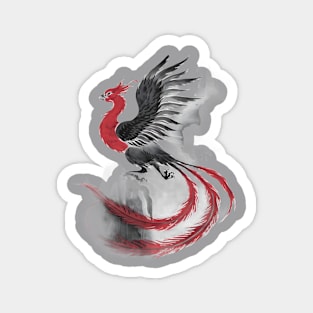 Phoenix in Mid-Flight, with Long Flowing Tail Feathers and Wings Spread Wide, Rendered in Shades of Black, Gray, and Red Magnet