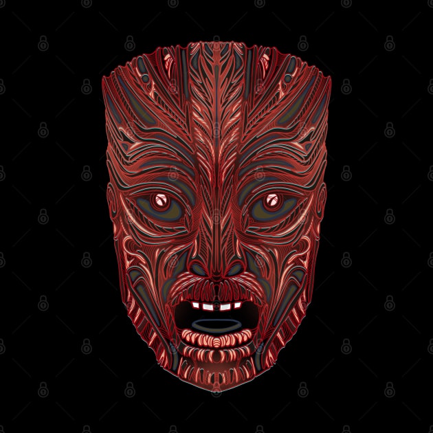 Red Tiki face mask line drawing by DaveDanchuk