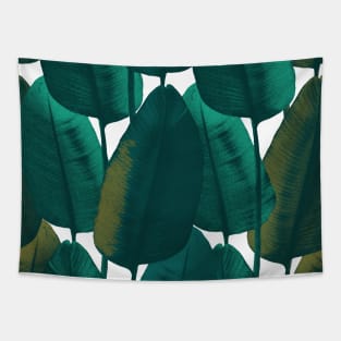 Dark summer tropical textural leaves. Vibrant banana leaves. Night jungle foliage Tapestry