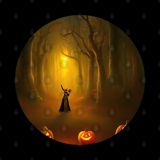 Witch girl in the enchanted forest with pumpkins by AnnArtshock