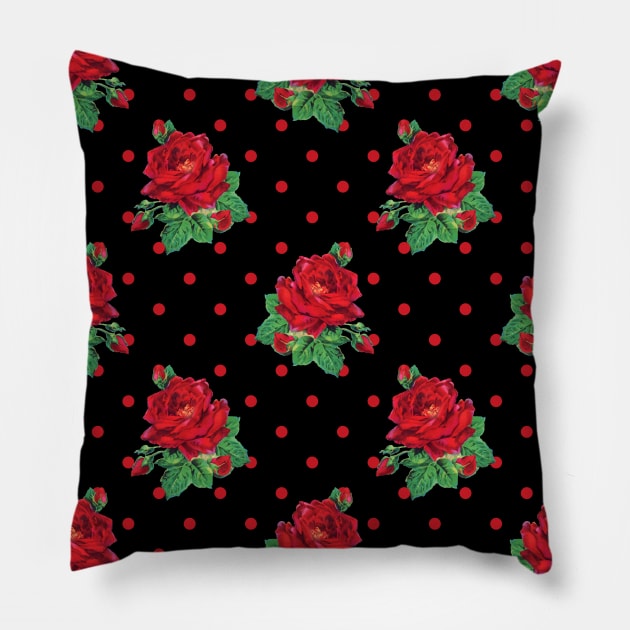 Red vintage roses red polka dots on black Pillow by bettyretro