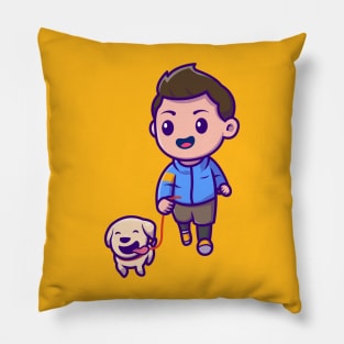 Cute Boy Jogging With Dog Cartoon Pillow