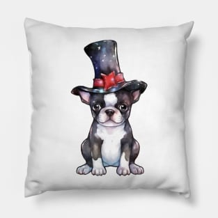 Watercolor Boston Terrier Dog in Magic Hat Pillow