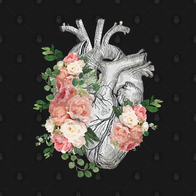 Human heart with pink and white roses, pink flowers by Collagedream