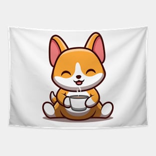 Corgi Sitting Drink Coffee Tapestry