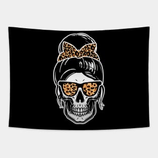 Skull With Messy Bun Wearing Leopard Print Shades and Scrunchie Tapestry