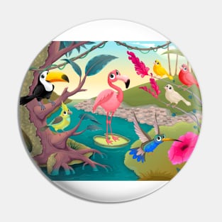 Group of funny tropical birds in the jungle Pin