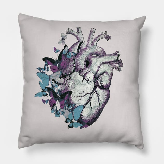 Heart in love, vintage effect watercolor blue butterflies, Heart, anatomical Human heart Pillow by Collagedream