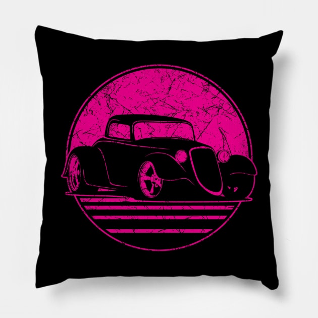 Retro Hot Pink Hot Rod Grungy Sunset Illustration Pillow by hobrath