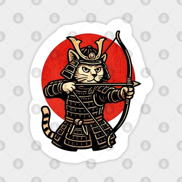 Samurai Cat Archer, Japanese Warrior Neko Vintage Art Gift Magnet by Pixel Threads 