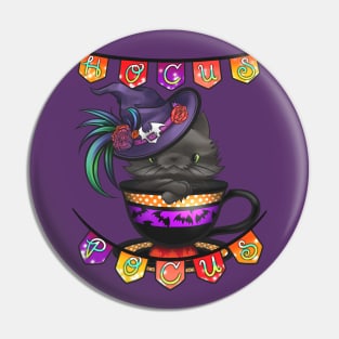 "Hocus Pocus" Black Witch Cat in a Halloween Teacup Pin