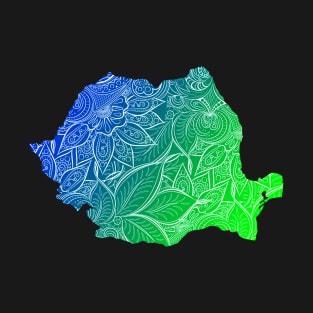 Colorful mandala art map of Romania with text in blue and green T-Shirt