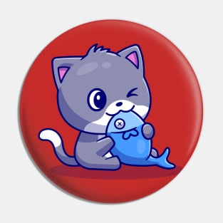 Cute Cat Eating Fish Cartoon Pin