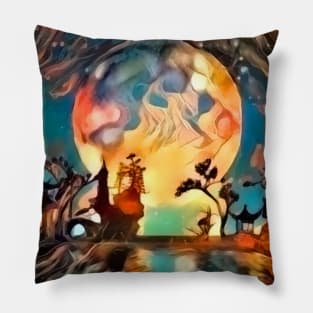 Asian night silhouettes in moon light Pillow