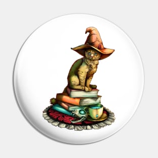 Witchy Cat with Books and Magic Skull and Tea Pin