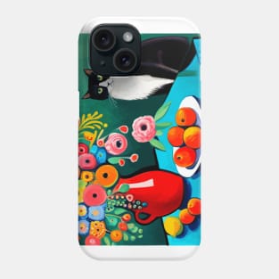 Tuxedo Cat with Fruit and Flowers Still Life Painting Phone Case