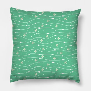 Green Wavy Lines, Dots and Flowers Pattern Pillow