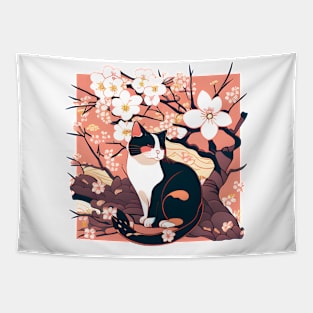 Kawaii Cats under Cherry Blossom Trees Cute Japanese Sakura Tapestry