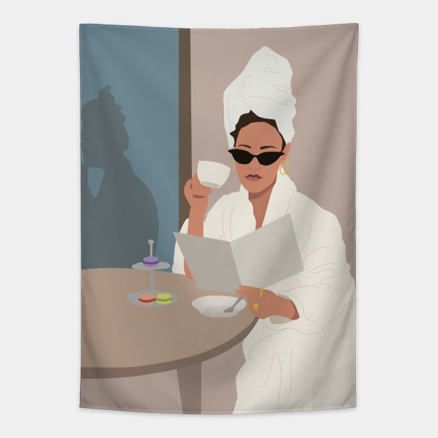 Woman in bathrobe Tapestry by JunkyDotCom