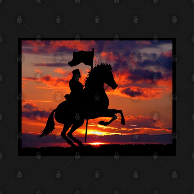 Knight riding on horse at night during sunset by Blue Butterfly Designs 