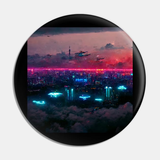 High Sphere - Cyberpunk Cityscape Skyline Pin by ArkMinted