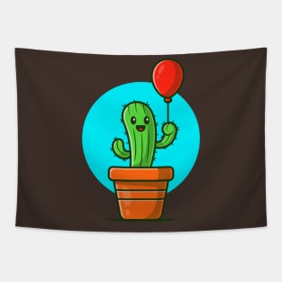 Happy Cactus Plant Holding Balloon Cartoon Tapestry