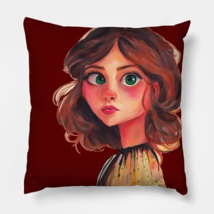 Whimsical Cute Brunette Girl Artwork Pillow