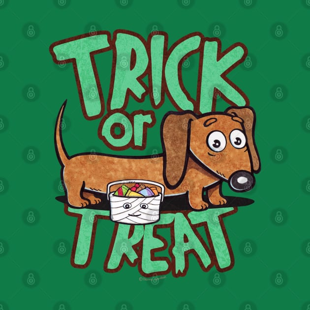 Funny and cute doxie dachshund dog going trick or treating on halloween to get more candy on a scary and spooky night by Danny Gordon Art