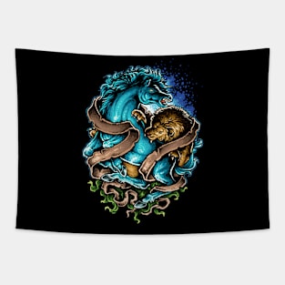 lion versus horse illustration Tapestry