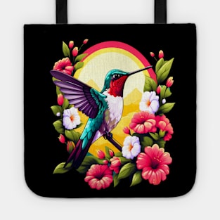 Cute Ruby Throated Hummingbird Surrounded by Spring Flowers Tote