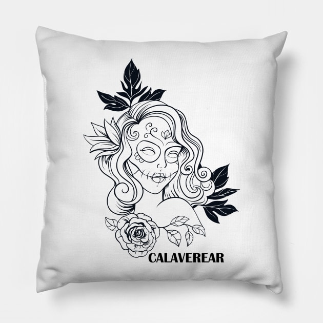 Sugar skull girl line drawing Pillow by pickledpossums