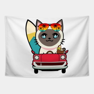 Cute siamese cat driving to the beach Tapestry