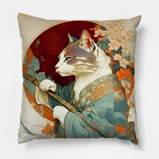 Art Nouveau Traditional Japanese Samurai Cat Pillow